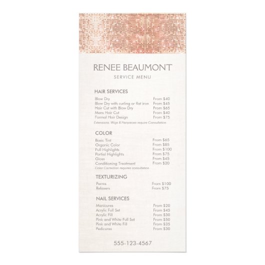 Menu roos Gold Sequins Salon Price List (Voorkant)