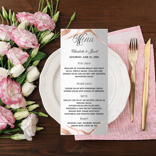 Menu rose argent or marbre élégant mariage