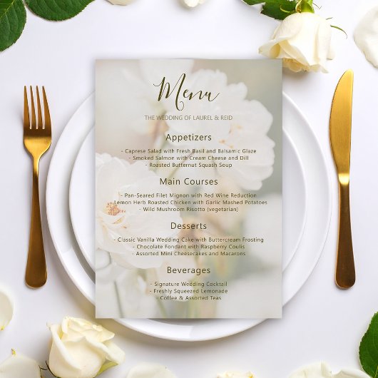 Menu Rose blanche délavée Fleurie Photo Mariage romanti