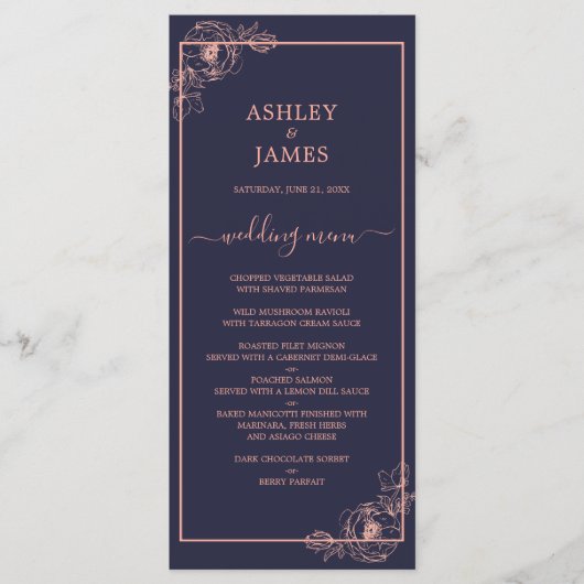 Menu Rose bleu Chic Marine Gold Floral Outline Mariage (Devant)