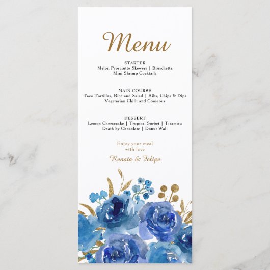 Menu Rose bleu et feuille d'or modifiable 3 cours (Devant)