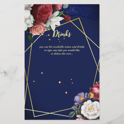 Menu rose bleu marine bordeaux menu mariage (Dos)