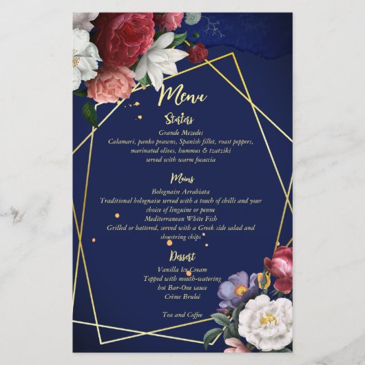 Menu rose bleu marine bordeaux menu mariage (Devant)