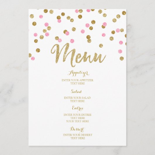 Menu rose-clair de mariage de confettis d'or (Devant)