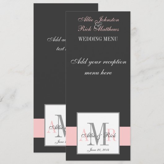 Menu rose de mariage de monogramme de charbon de (Devant / Derrière)