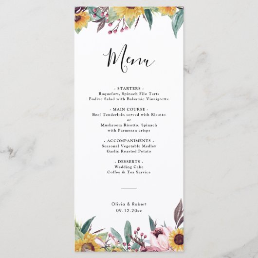 Menu Rose de tournesol rustique Bourgogne Mariage de au (Devant)