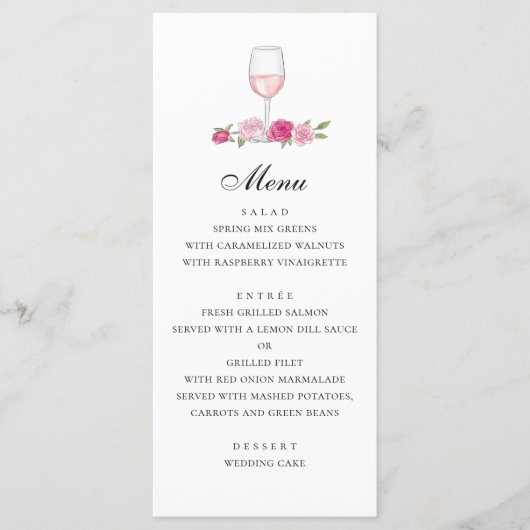 Menu Rose. Élégant mariage rose floral. Verre de vin (Devant)