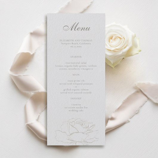 Menu Rose Faux Embossés Mariage classique ivoire