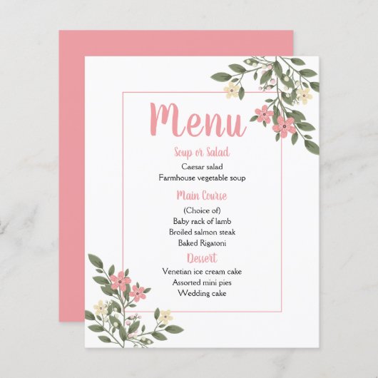 Menu Rose Fleurs de mariage Fête Botanique (Devant / Derrière)