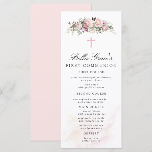 Menu rose Floral First Communion (Devant / Derrière)