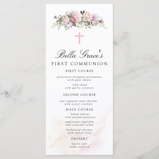 Menu rose Floral First Communion (Devant)