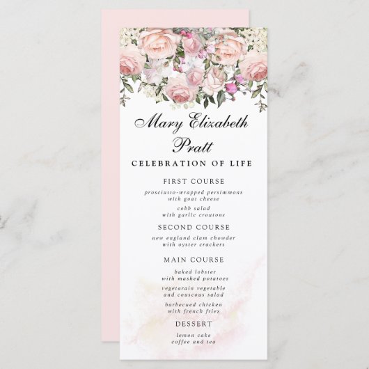 Menu rose Floral Funeral (Devant / Derrière)