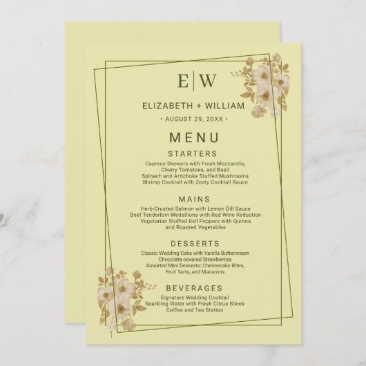 Menu Rose Frame – Monogram Celestial Yellow Wedding (Devant / Derrière)