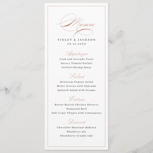 Menu Rose Gold Classic Élégance Script Mariage simple (Devant)