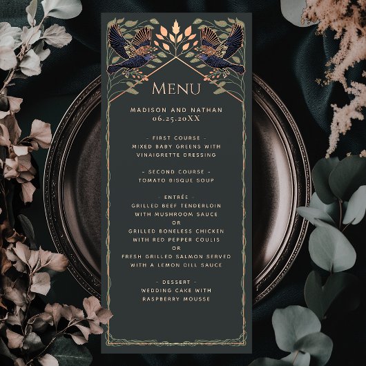 Menu Rose Gold Enchanted Gothique Corbeau Mariage plat