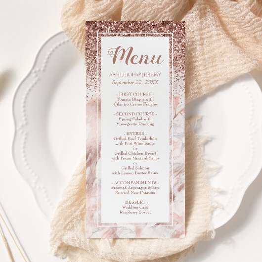 Menu Rose Gold Faux Paillettes Mariage Script