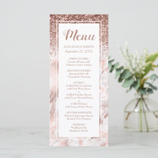 Menu Rose Gold Faux Parties scintillant Marbre Script M (Debout devant)