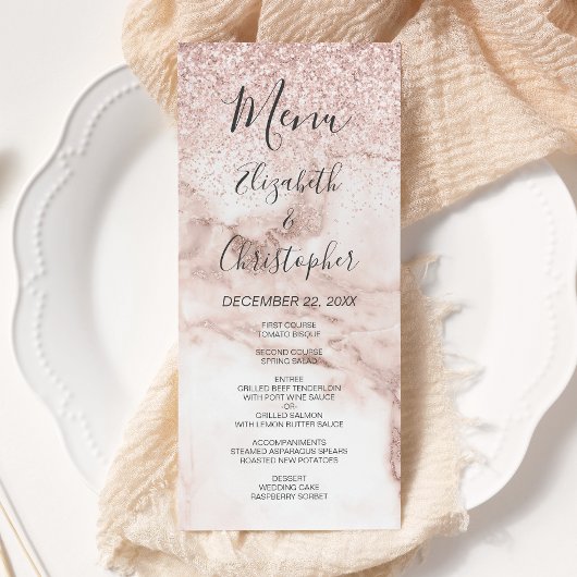 Menu Rose  Gold Marble Parties scintillant Mariage élég