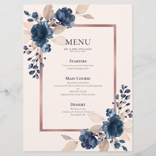 Menu Rose Gold Navy Blue Dusty rose Floral Mariage (Devant)