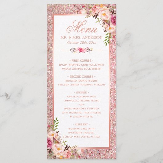 Menu Rose Gold Parties scintillant Blush Pink Floral Ma (Devant)