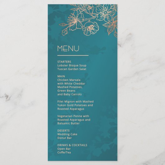 Menu Rose Gold Teal Floral Line Art Wedding (Devant)