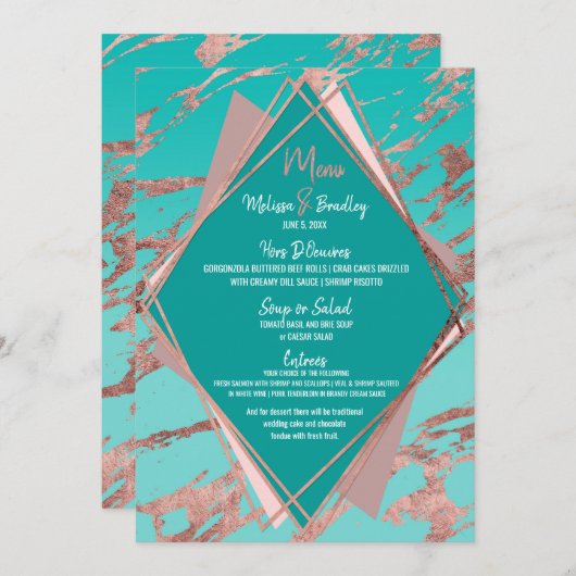 Menu Rose Gold Turquoise Green Marble Diamant Mariage M (Devant / Derrière)