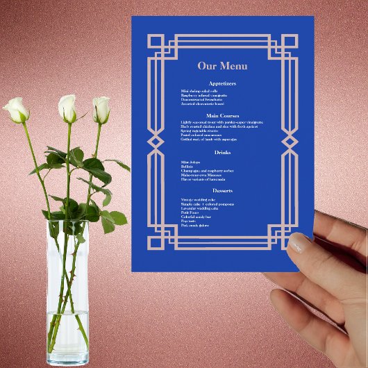 Menu Rose moderne Gold Frontière Marine Blue Mariage Dî