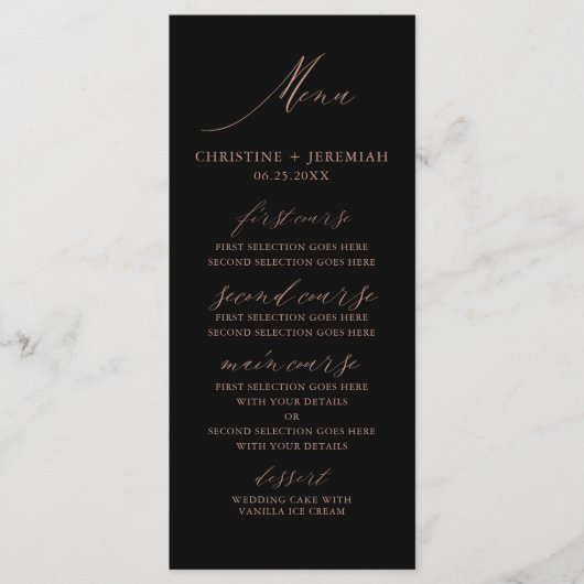 Menu Rose noir moderne or Mariage de script élégant (Devant)