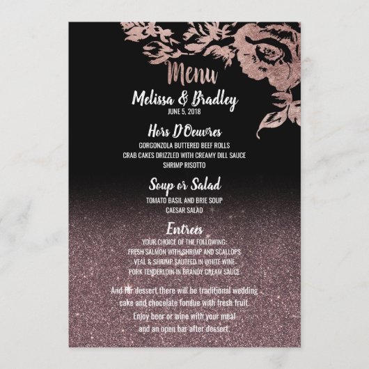 Menu Rose noir Parties scintillant or Floral Mariage Me (Devant)