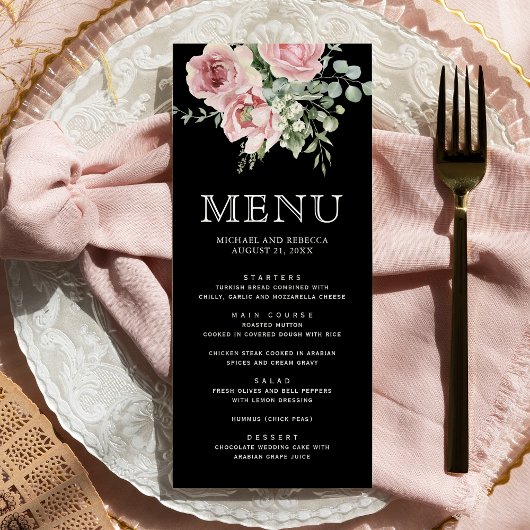 Menu Rose Pâle Floral Eucalyptus Mariage Noir