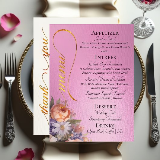 Menu Rose rose - Monogramme, Fleurs sauvages & Merci