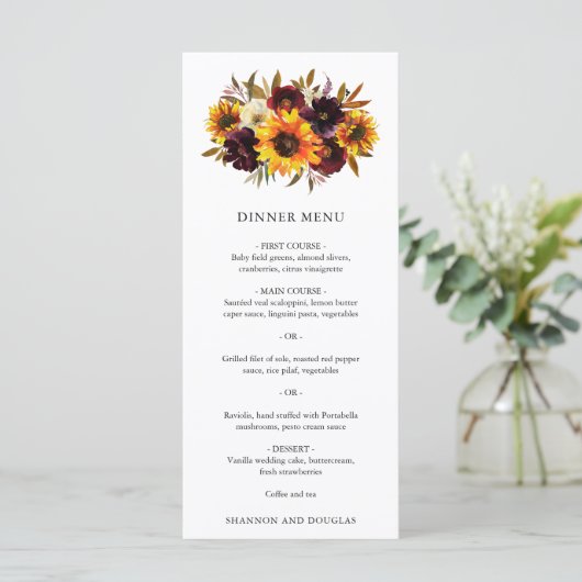 Menu Rose rouge violet automne tournesol Mariage rustiq (Debout devant)