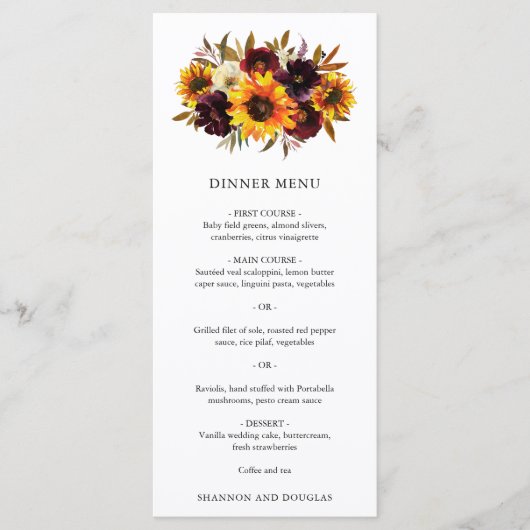 Menu Rose rouge violet automne tournesol Mariage rustiq (Devant)