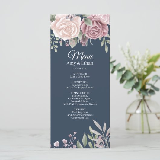 Menu Rose Rustique Dusty de la marine Mariage d'aquarel (Debout devant)