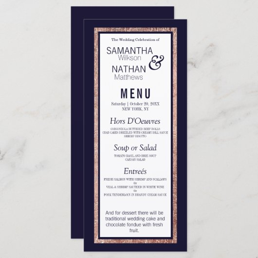 Menu Rose simple Gold Linked Marine Mariage bleu (Devant / Derrière)