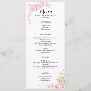 Menu Roses aquarelles roses pastel mariage chic romanti