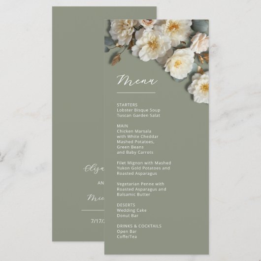 Menu Roses blanches 3D sur fond vert sauge (Devant / Derrière)