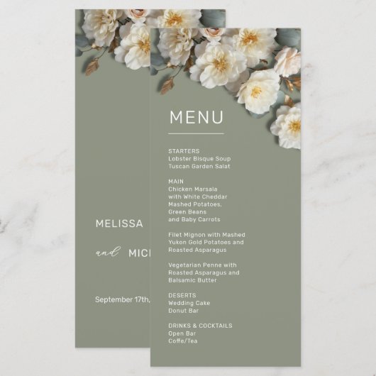 Menu Roses blanches 3D sur fond vert sauge (Devant / Derrière)