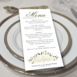 Menu Roses blanches Aquarelle Florale Mariage élégant<br><div class="desc">Ce beau menu mariage présente un design boho chic rustique avec un titre de calligraphie script et un ensemble de roses aquarelles peints à la main, des fleurs et de la verdure dans les tons ivoire, blanc et crème. Le texte est entièrement personnalisable avec de l'espace pour le nom du...</div>