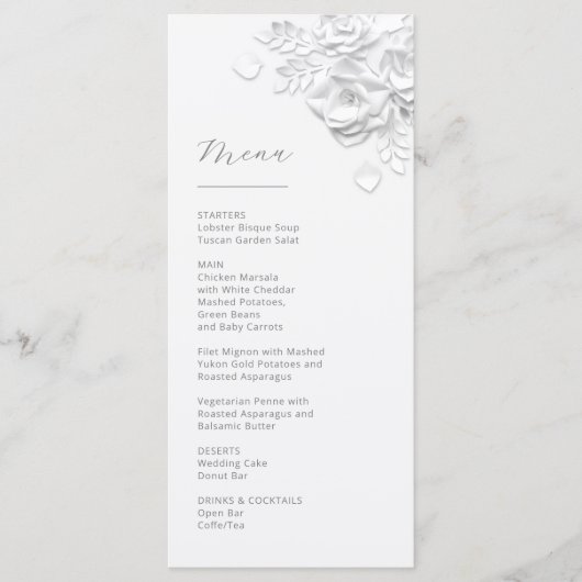 Menu Roses Blanches Découpe 3D en Papier (Devant)