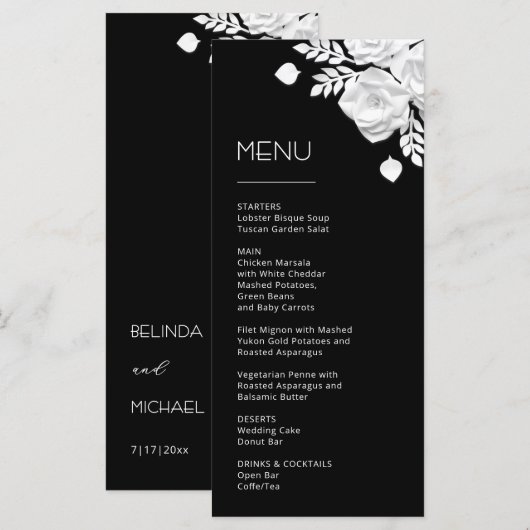 Menu Roses Blanches Découpe Papier 3D (Devant / Derrière)