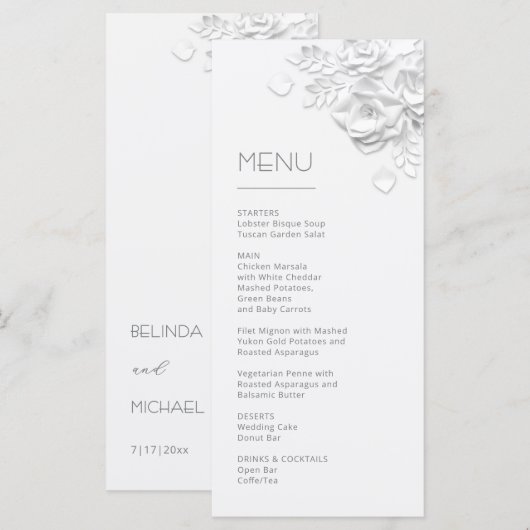 Menu Roses Blanches en Papier Découpé 3D (Devant / Derrière)
