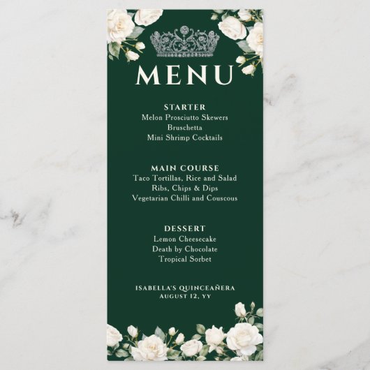 Menu Roses blanches et princesse Tiara Vert foncé (Devant)