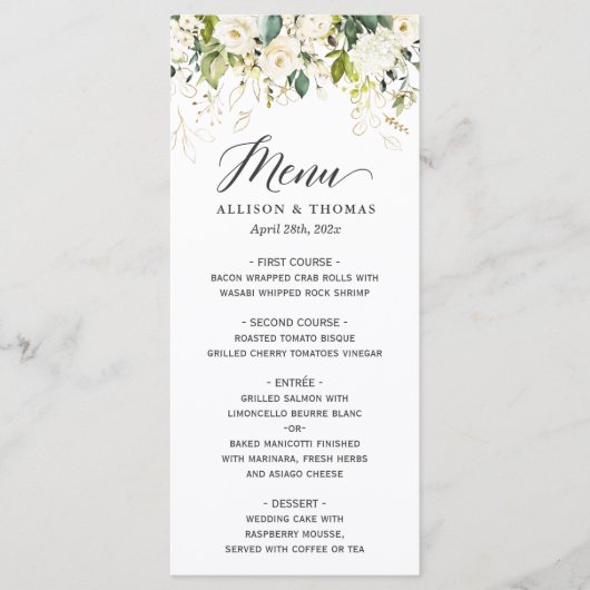 Menu Roses blanches Verdure Or Floral Mariage (Devant)