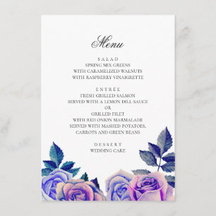 Menu Roses bleues et violettes. Mariage floral aquarell