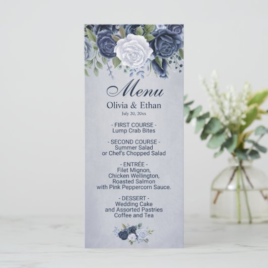 Menu Roses d'aquarelle bleu vintage (Debout devant)