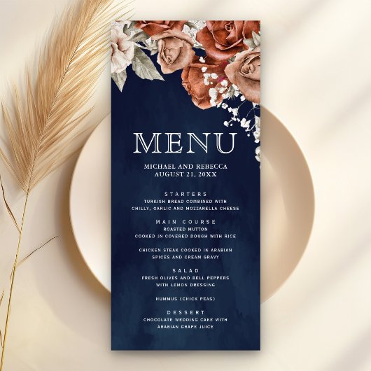 Menu Roses orange brûlé Terracotta Floral Navy Mariage