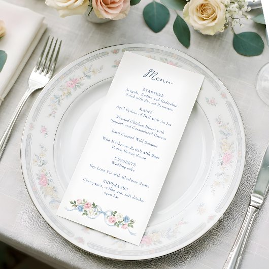 Menu Roses pastel rose, blanches et bleues & ruban