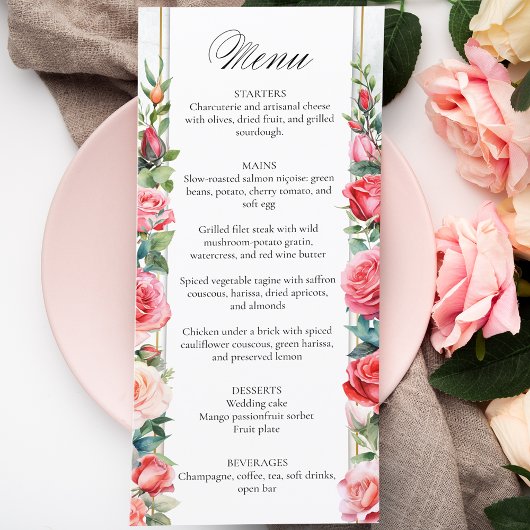 Menu Roses roses romantiques et calligraphie