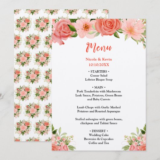 Menu Roses rouges corail avec feuillage (Devant / Derrière)